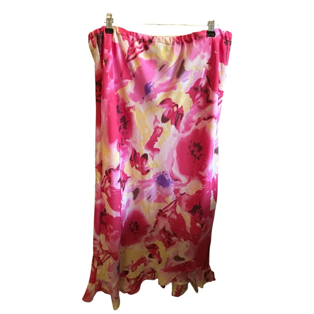 Cassee’s Elegant Vibrant Pink Tie Dye Floral  Slip Maxi Skirt Cottage Spring - Picture 2 of 5